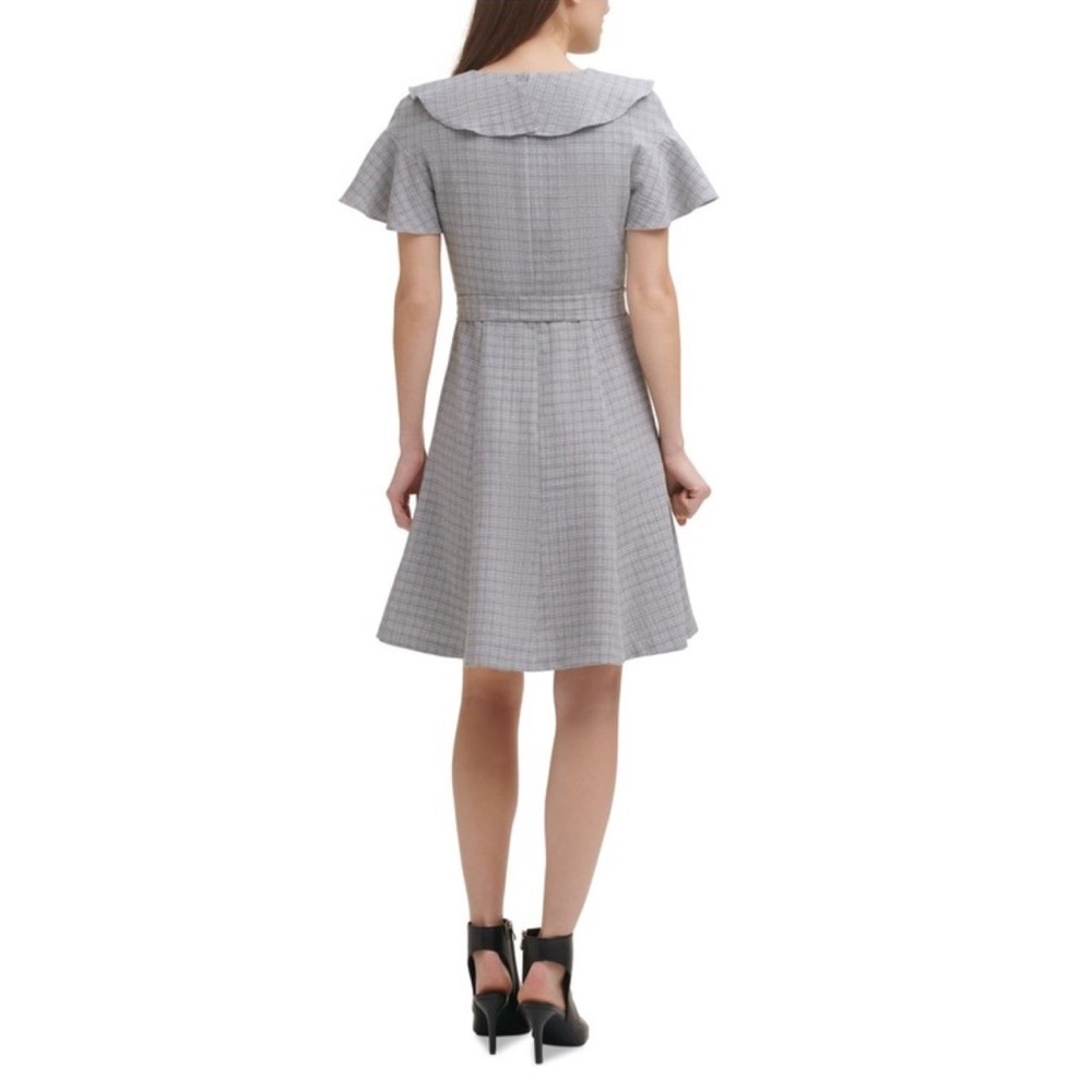 Size 6 DKNY Women’s Flutter Sleeve Wrap Dress Grey Plaid Fit Flare Belted - Picture 3 of 7
